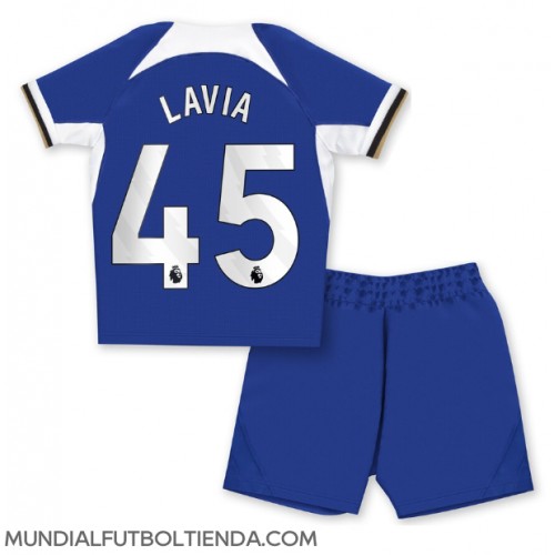Camiseta Chelsea Romeo Lavia #45 Primera Equipación Replica 2023-24 para niños mangas cortas (+ Pantalones cortos)